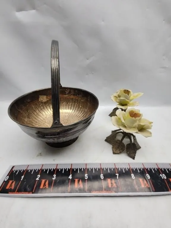 Silverplate Basket Bowl with Porcelain Flower