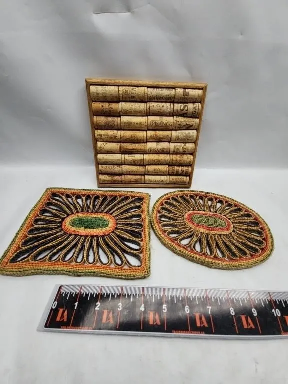 Wine Cork Trivet Board & 2 Woven Trivets