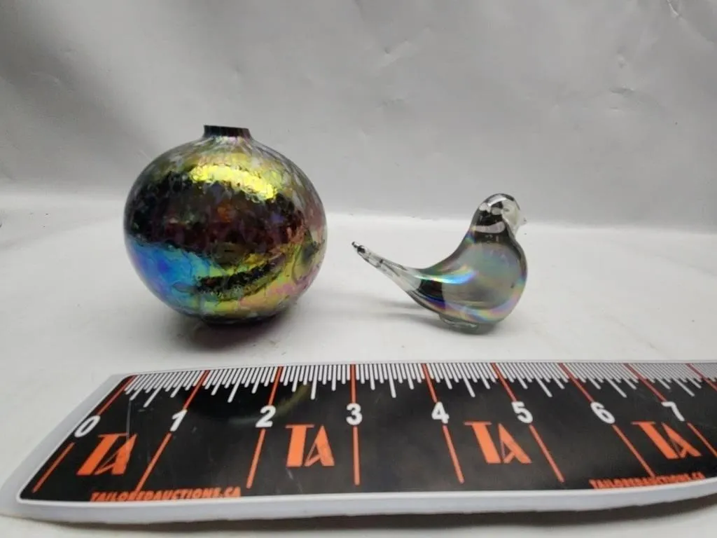 Iridescent Art Glass Vase & Bird Figurine
