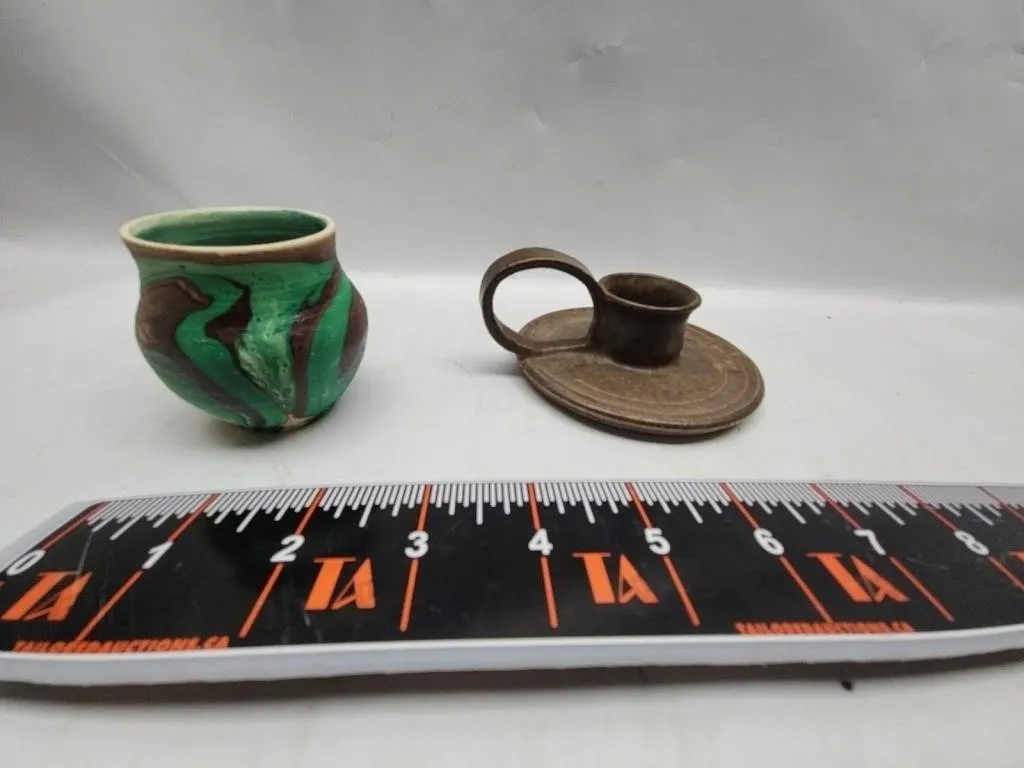 Small Art Pottery Cup & Brass Candle Holder