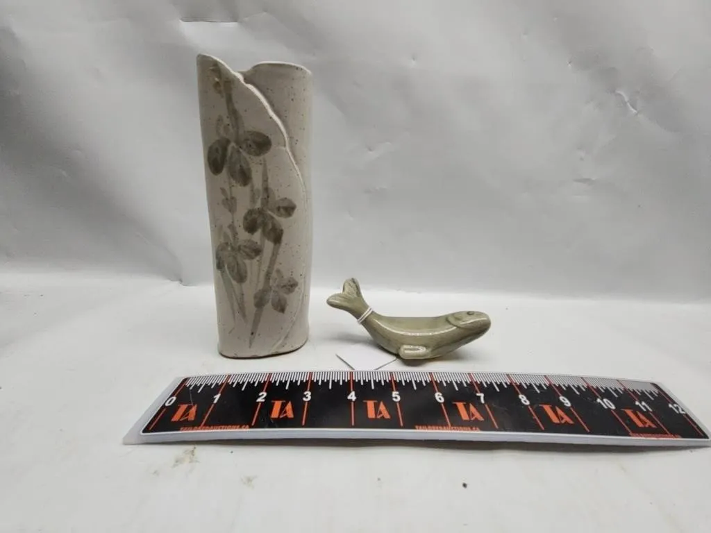 Wild Rose Pottery Vase & Whale Figurine