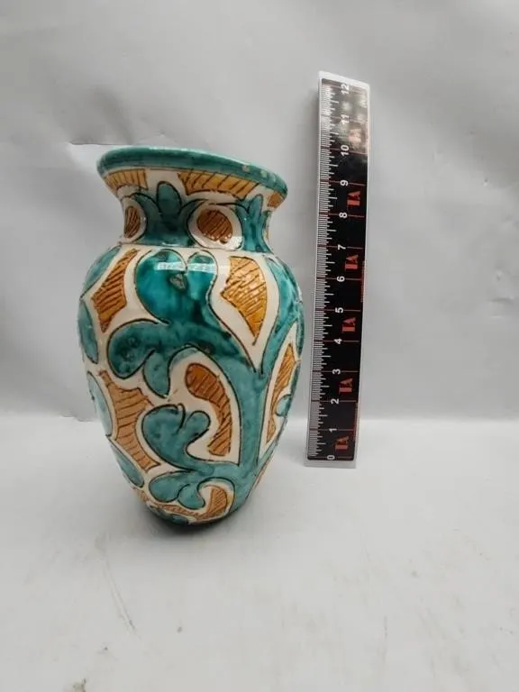 Italian Pottery Vase - Teal & Gold Design