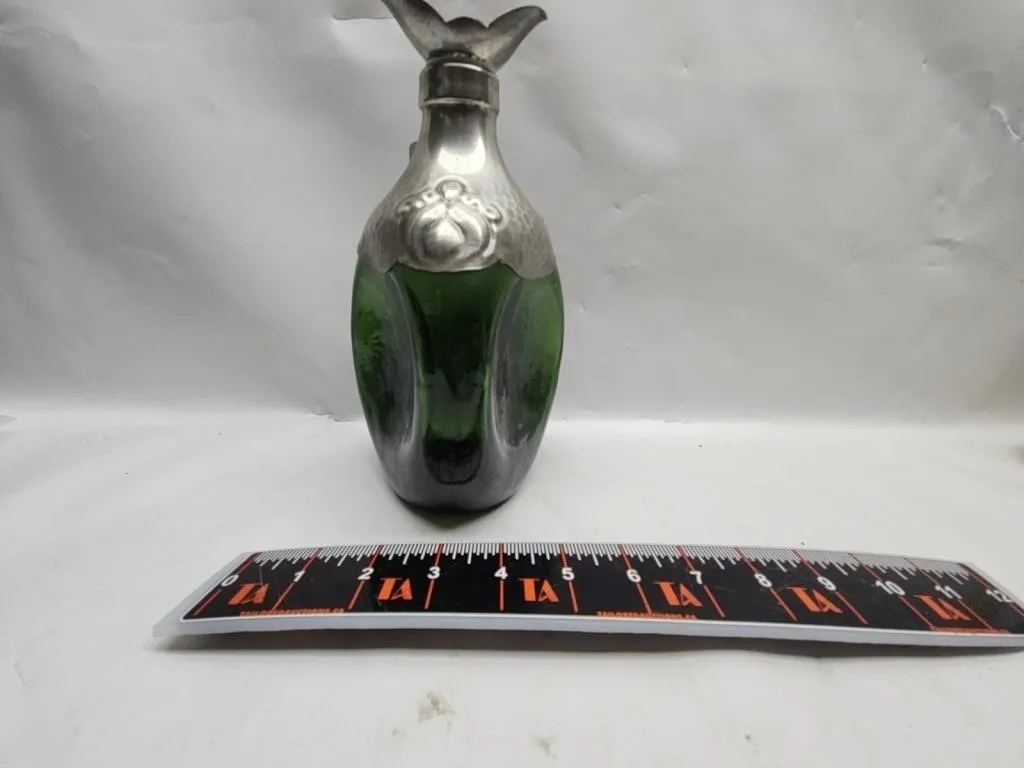 Green Glass Decanter with Silver-Tone Fish Top