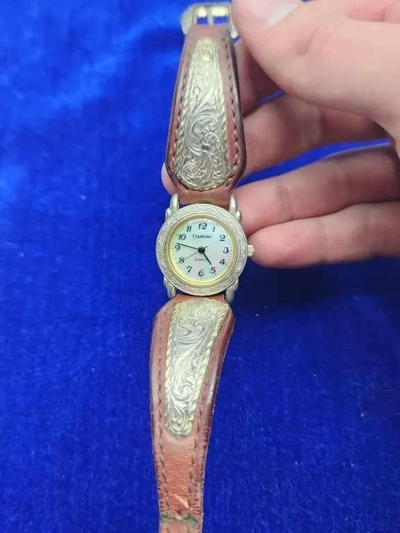 Crumrine Quartz Watch with Tooled Leather Band