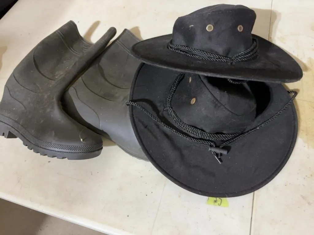 Rubber Rain Boots and Boonie Hat