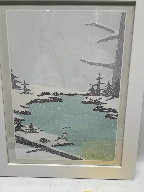 Framed Winter Ice Fishing Print, Signed 1985