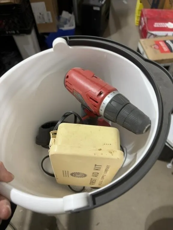 Cordless Drill, First Aid Kit & White Bucket