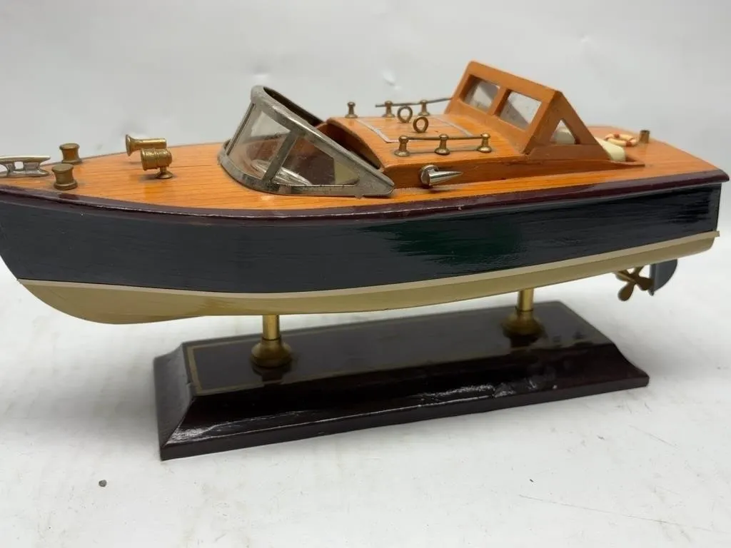Wooden Model Speedboat on Display Stand