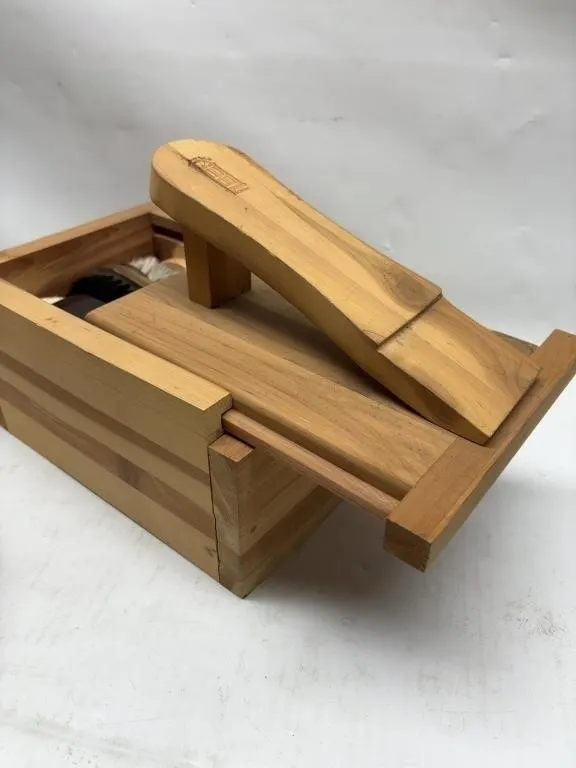Wooden Shoe Shine Box with Brushes & Polish