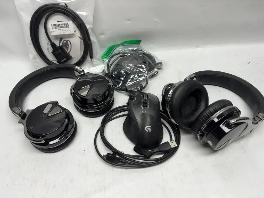 Headphones, Logitech Mouse & Cables Lot