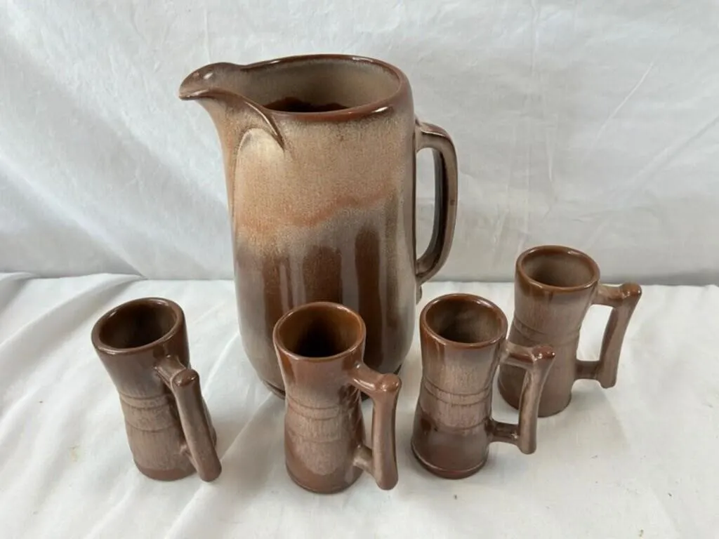 Pfaltzgraff Brown Stoneware Pitcher & 4 Mugs