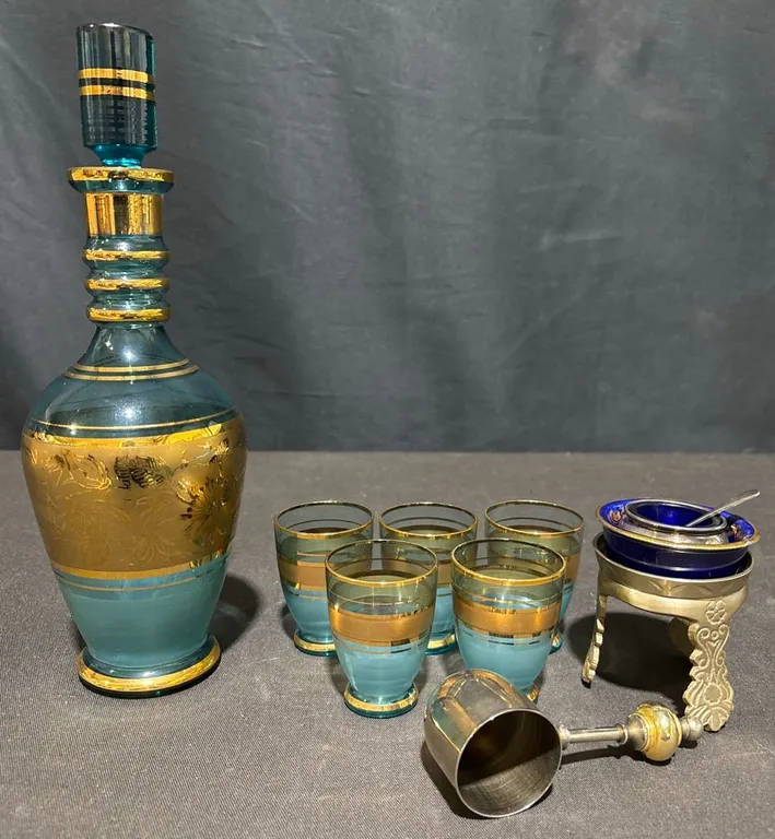 Blue and Gold Glass Decanter Set with 5 Glasses, E.P. Brass H.B.C.