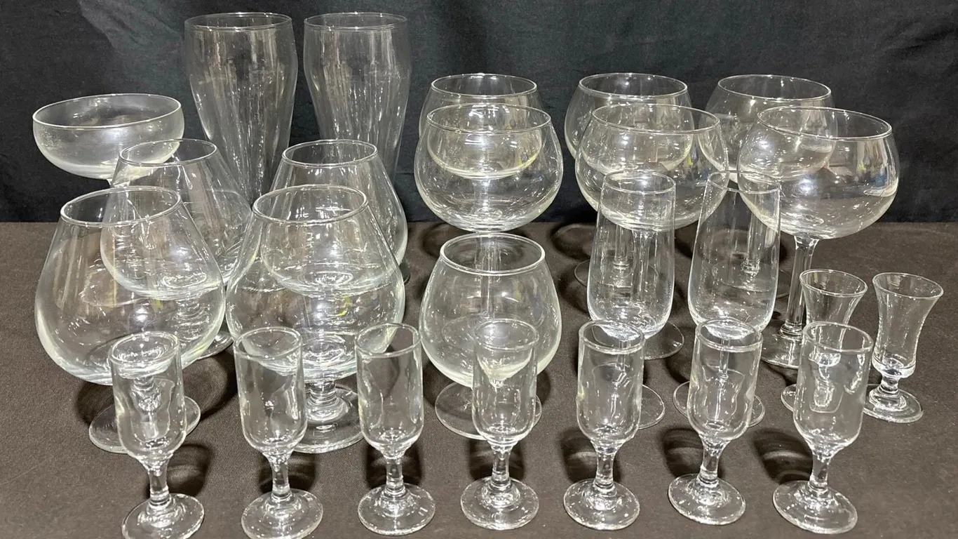 Mixed Clear Glasses Including Wine, Brandy, Beer, and Liqueur Types
