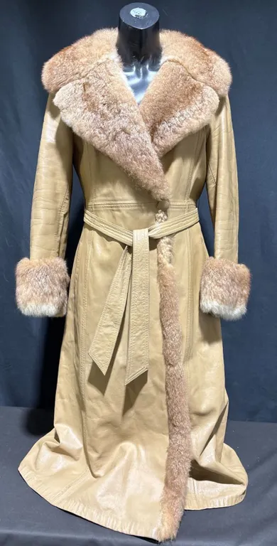 Fur Collared, Tan Belted Leather Coat With Fur Cuffs