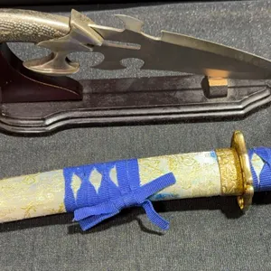 Decorative Sword and Fantasy Knife with Stand, Blue Wrapped Handle, Gold Accents