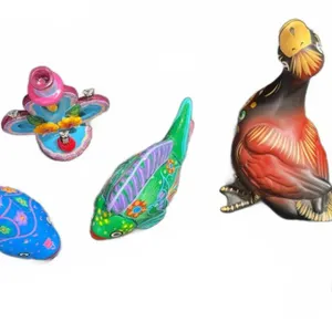 6 Mexican Folk Art Pieces: Candleholders, Fish, and Duck Figurines
