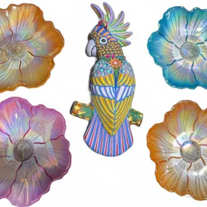 5 Iridescent Glass Flower Bowls and Colourful Hand-Painted Parrot Figurine