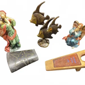 Lot: 2 Porcelain Angel Figures, Brass Fish Statue, Decorated Box, Wooden Tool