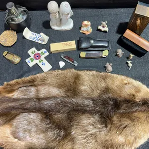 Collectible Lot with Buck Knife, Figurines, Animal Figures, Fur Pelt