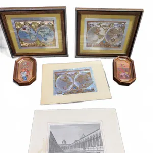 Framed World Maps, Floral Panels, and Architectural Print
