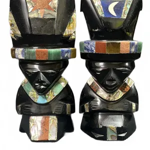 Mexican Inlaid Obsidian Figurines With Abalone, Stone Sun And Moon Motifs