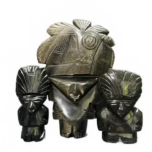 Obsidian Carved Figures in Tribal Style with Ammonite Fossil, Set of Four Pieces