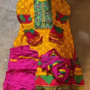 Women's Yellow Punjabi Suit with Multicolour Embroidery and Pink Salwar Dupatta