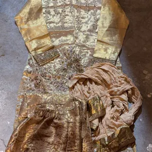 Embroidered Gold Three-Piece Traditional Outfit With Dupatta and Pants