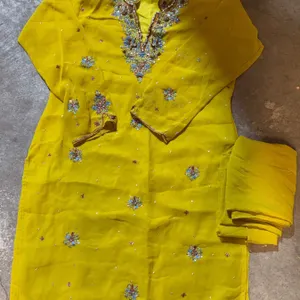 Yellow Embroidered Salwar Kameez Set with Dupatta and Beadwork