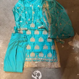 Turquoise Three-Piece Salwar Kameez with Gold Embroidery and Dupatta