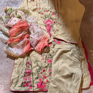 Three-Piece Beige Embroidered Suit With Pink Accents and Floral Dupatta