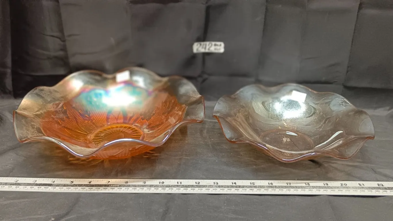 (2) Large Depression Glass Bowls (Flora Gold and Iris & Herringbone)