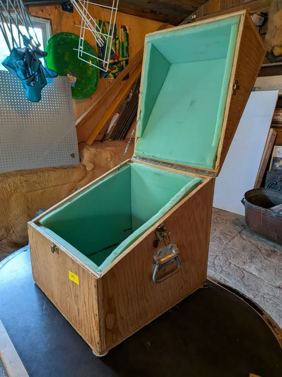 Large 17x19 inch custom-built, wooden storage container. Secure, light, strong and easy to carry/tra