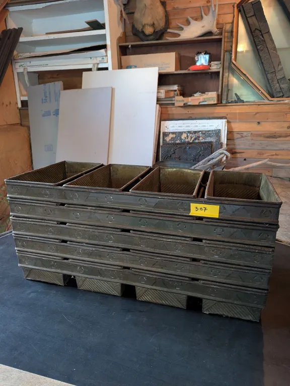 Five vintage commercial 4-loaf strapped EKCO bread pans. Some rust, condition varies.