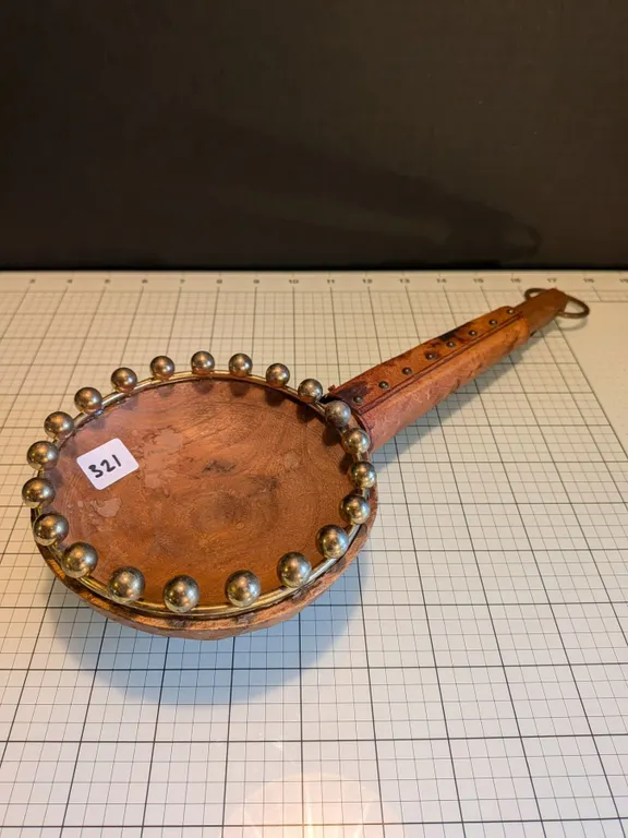 Unidentified wood and leather handcraft made in Spain, with handle.