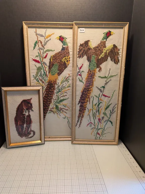 Three hand-stitched pieces: pair of ring-necked pheasants and a cat. Larger pair about 22 inches lon