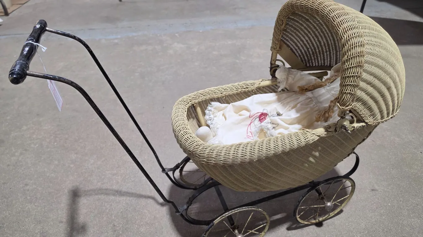 Antique Wicker Doll Stroller w/ Doll