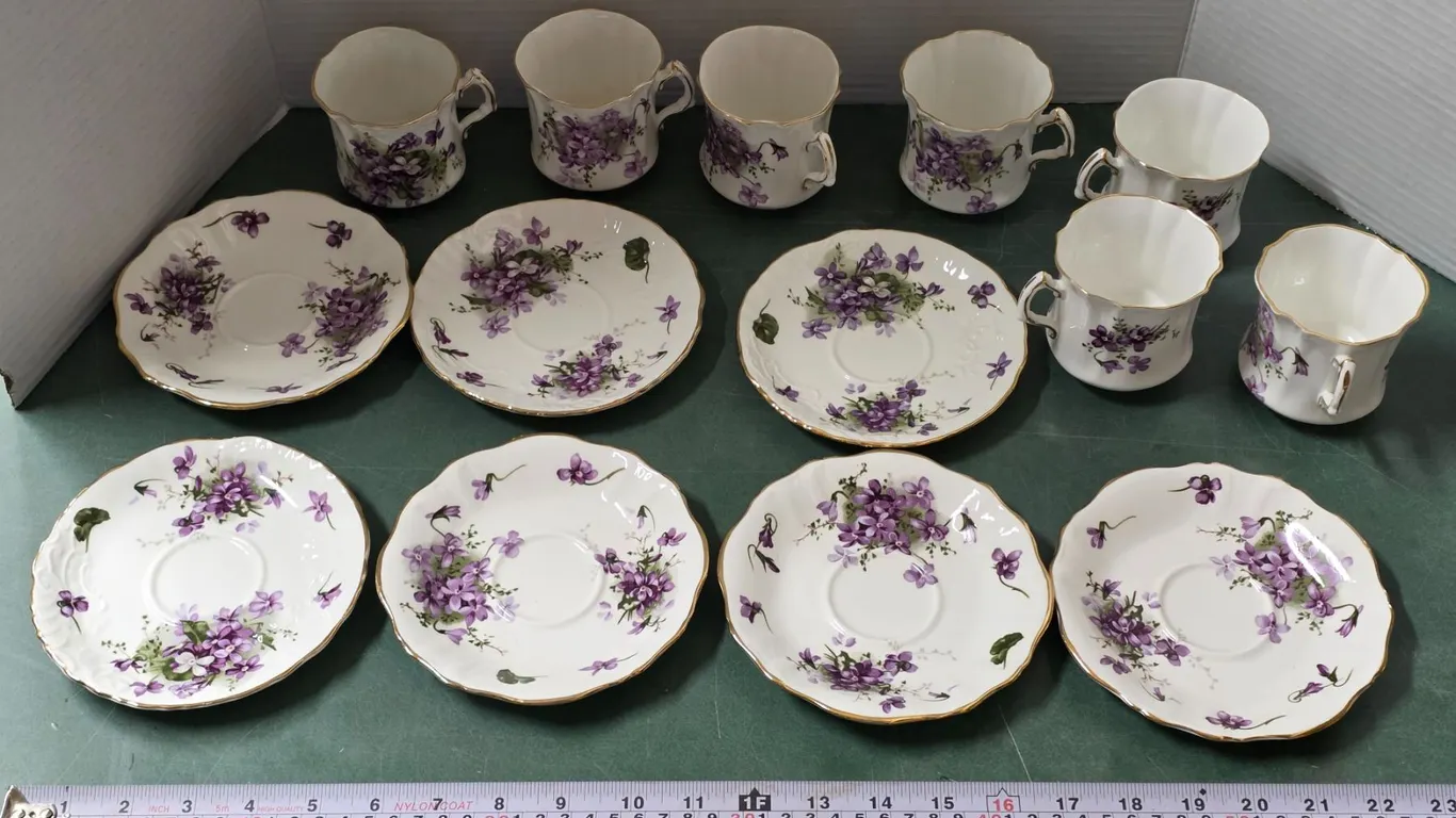(7) Victorian Violets Bone China Cup & Saucer Sets