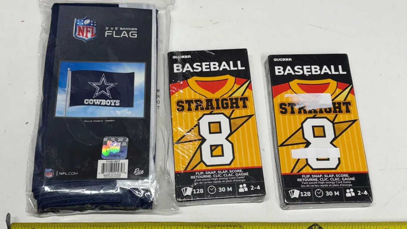 Officially licensed Dallas Cowboys 3' x 5' Banner Flag and (2) QUOKKA Baseball Straight 8 fast-pace
