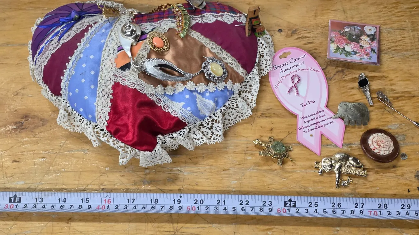 Pin Cushion w/ Assorted Pins and Brooches