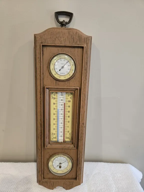Vintage weather station, Springfield Instrument Company. Simulated wood plastic construction. 21" t