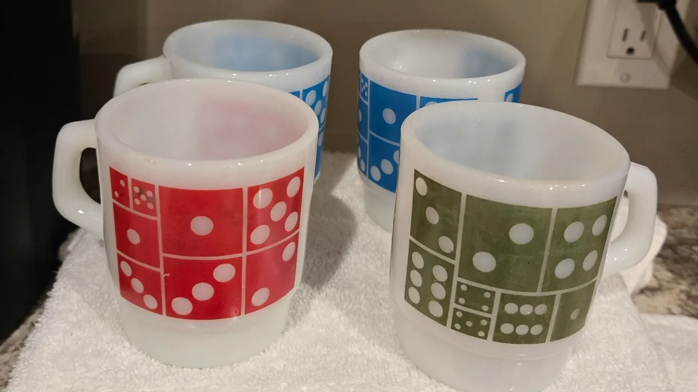 Set of 4 Fire King Domino 1960s stackable coffee mugs. Great condition, all shiny with no stains or