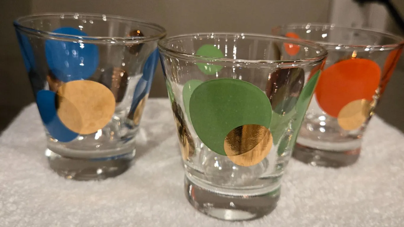 Russel Wright Eclipse Bartlett Collins cocktail/shot glasses. Exc. condition, paint is very good.