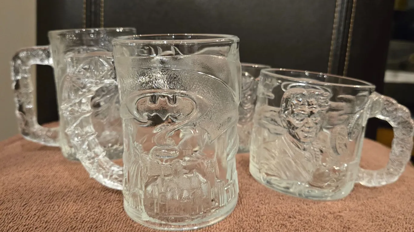 Vintage 1995 McDonalds Batman Forever embossed mugs. Complete set of 4 - Batman, Robin, Riddler and