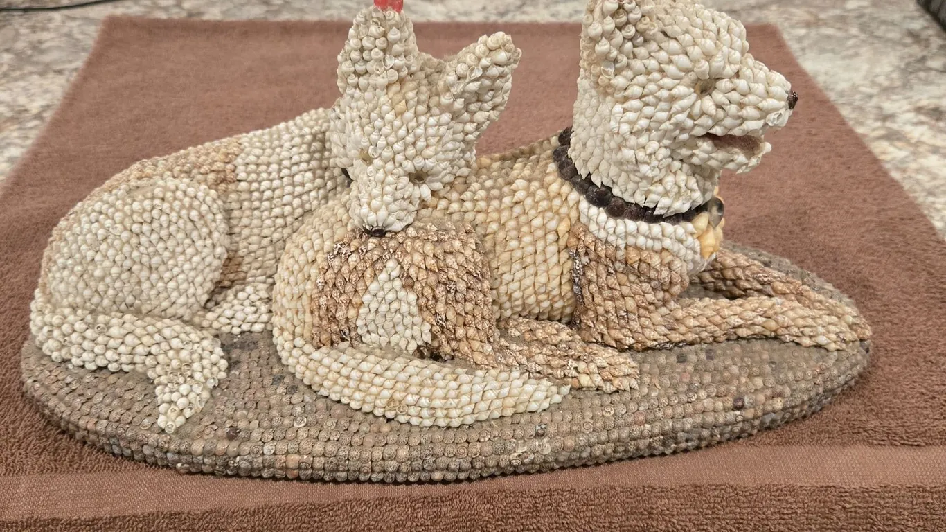 Vintage folk art sculpture crafted from tiny assorted seashells. Frequently produced in the Phillip
