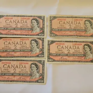 5 - 1954 Cdn $2 Bills - well-circulated