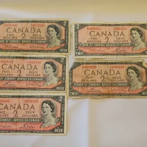 5 - 1954 Cdn $2 Bills - well-circulated