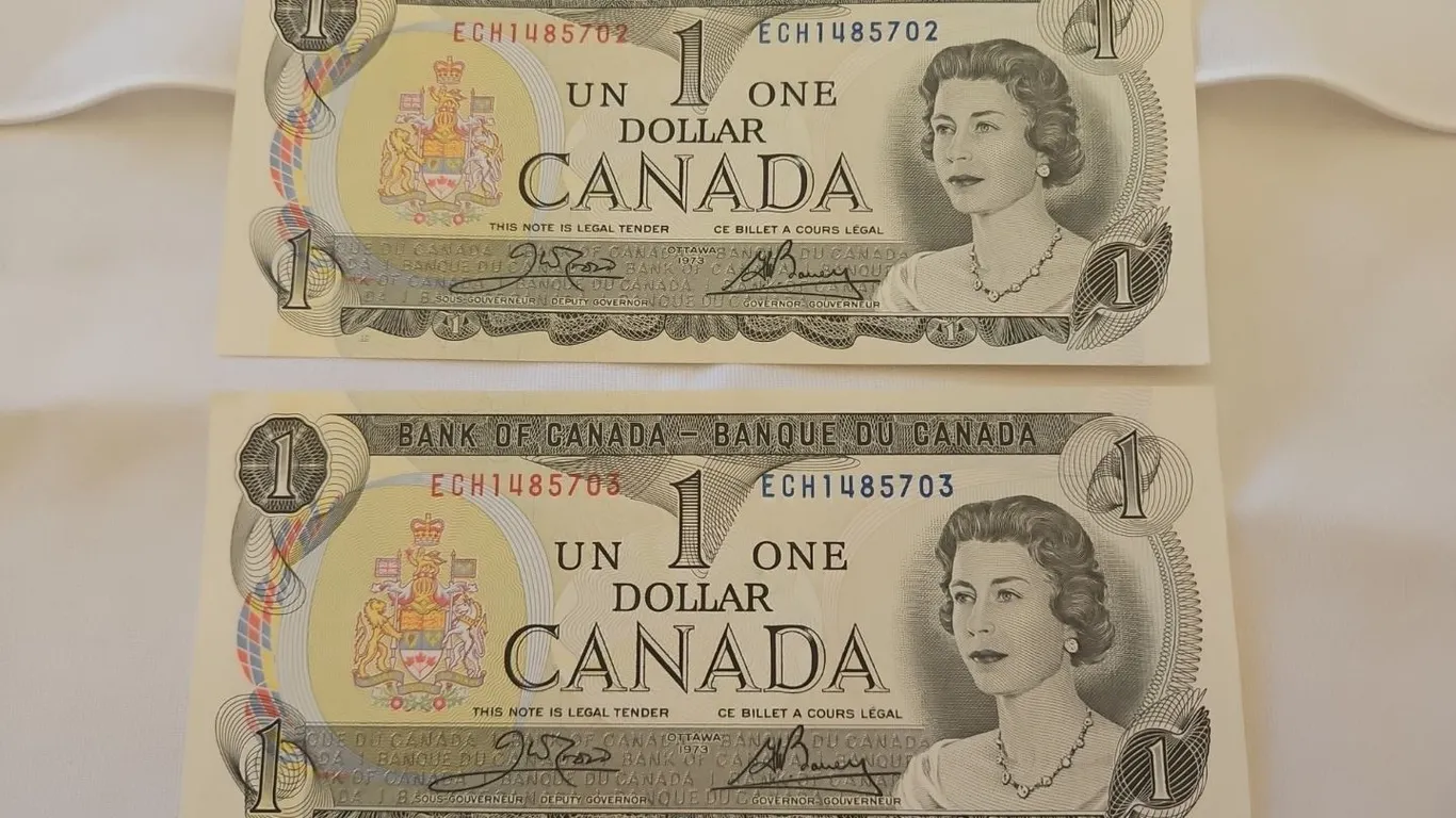 2 - 1973 Cdn $1 bills, UNC, conseq. s/n