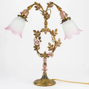 Vintage Floral Brass Double Table Lamp with Tulip Glass Shades