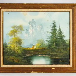 Vintage Oil on Canvas Painting of a Mountain Landscape